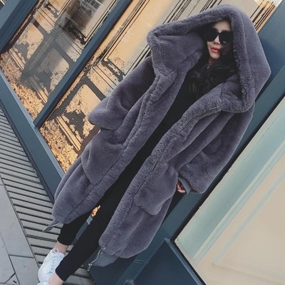 Korean Style New Rex Rabbit Fur Thickened Long Section Hooded Furry Coat Imitation Fur Coat Women's Foreign Trade