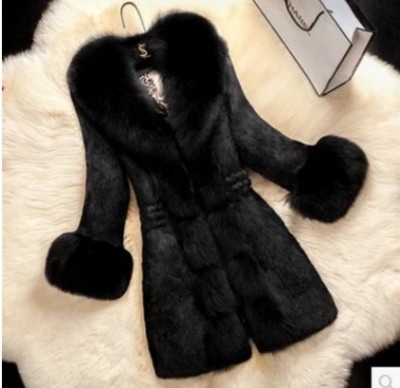 New Faux Rabbit Fur Women's Faux Fur Coat Mid-Length Haining New plus Size Coat with Fox Fur Collar Wholesale