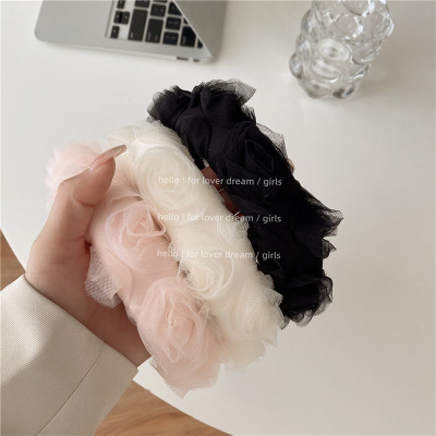 Korean New Style Pink Lace Fabric Headband Sweet Temperament Girly Style Headband Flower Height Increasing Skull Top Hair Accessories