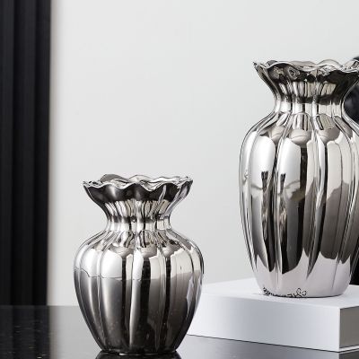 Nordic Simple Modern Home Silver Ceramic Vase Flower Flower Arrangement Model Room Light Luxury Hydroponic Decoration Dried Flower Inserting
