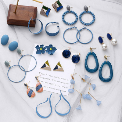 Korean Style New Retro Blue Color Earrings Simple Artistic Personality Trendy Flower Geometric Ear Studs Earrings