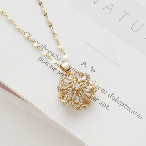 tiktok kuaishou live broadcast korean style colorfast micro inlaid zircon rotating clover pendant titanium steel clavicle chain jewelry