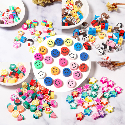 50 Pcs/Pack Polymer Clay Painted Animal Fruit Mixed Color Ethnic Style Flat round Bracelet String Beads DIY Ornament Accessories