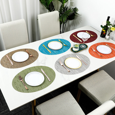 Amazon Nordic Solid Color Bamboo Pattern PVC Placemat Teslin Oval Western-Style Placemat Non-Slip Dining Table Cushion Insulation Mat