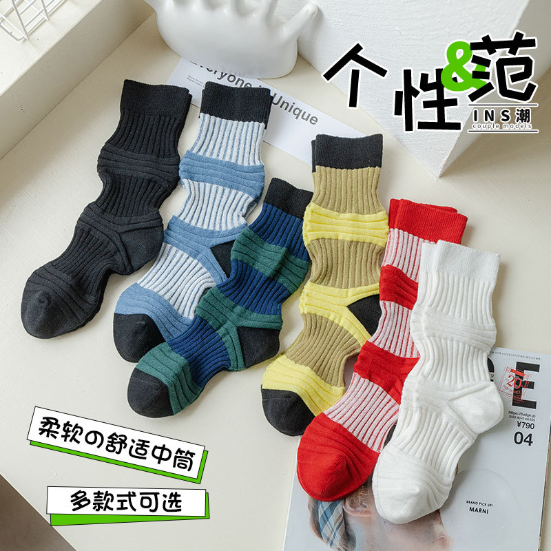 撞色中筒袜ins潮堆堆袜网红白色袜子灯笼袜子女秋季夏季大肠秋季