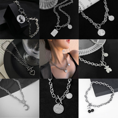 Titanium Steel Necklace Light Luxury Minority Hip Hop Trendy OT Necklace Pendant Versatile Autumn and Winter High-End Long Clavicle Chain Wholesale