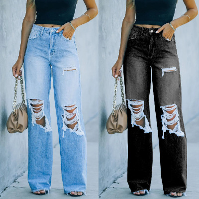 Cross-Border Foreign Trade Independent Station New Autumn Street Hipster Water Washed Hole Straight-Leg Pants Women's Jeans