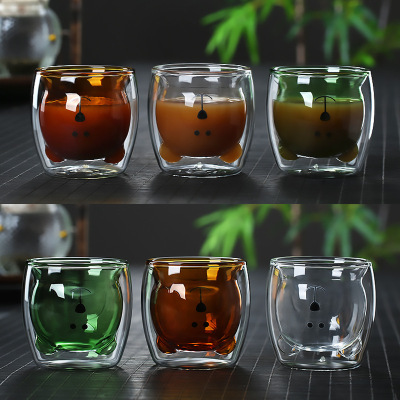 Wholesale Glass Water Cup Double Layer Glass Cup Transparent Tea Cup Milk Cup Coffee Cup Bear Cake Towel