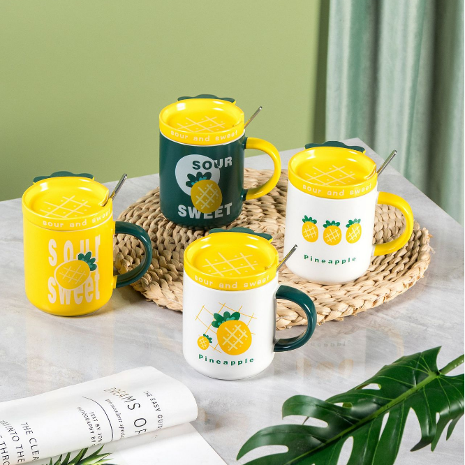 菠萝马克杯带盖勺杯子女办公室用水杯女可爱陶瓷杯杯子带盖带勺子