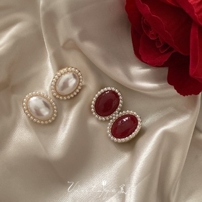 Aniston Retro Hong Kong Style Court High-Grade Artistic Elegant Ruby Pearl Ear Studs Ear Clip