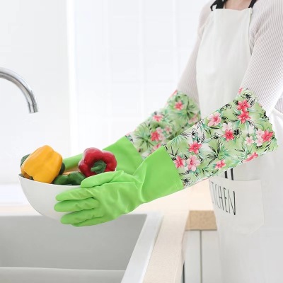 Thicken and Lengthen Flocking Wide Mouth Household Gloves Kitchen Dishwashing Cleaning Laundry Household Work Waterproof Rubber Fleece-Lined