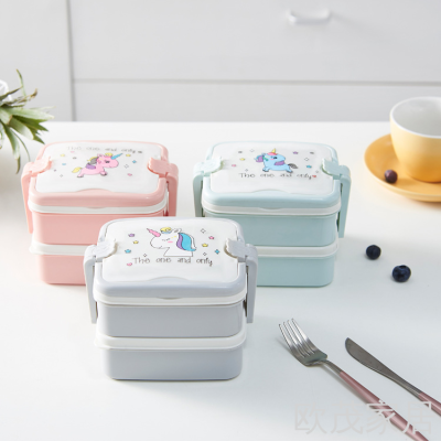 Amazon Hot Selling Pp Double Deck Compartment Lunch Box Portable Student Bento Box Lunch Box Office Tableware Set