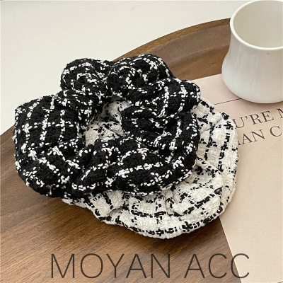 Korean Version of Chanel's Style Large Intestine Hair Ring Black and White Plaid Thick Line Headdress Flower Knitted Head Rope Ponytail Hair Tie Female Hair Accessories