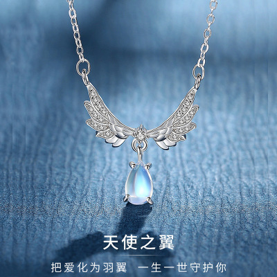 S925 Sterling Silver Angel Wings Necklace for Women Ins Niche Design Wings Moonstone Pendant Clavicle Chain Silver Jewelry