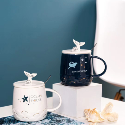 New Cartoon Whale Ceramic Cup Cute Mug Cup with Spoon Lid