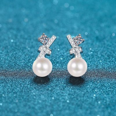 925 Sterling Silver Earrings Women's Online Same Style Source Flawless Freshwater Pearl Cross Moissanite Earrings Earrings