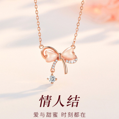 S925 Sterling Silver Heart-Shaped Crystal Clear Opal Necklace Female Light Luxury Minority Lover Knot Bow Pendant Clavicle Set Chain