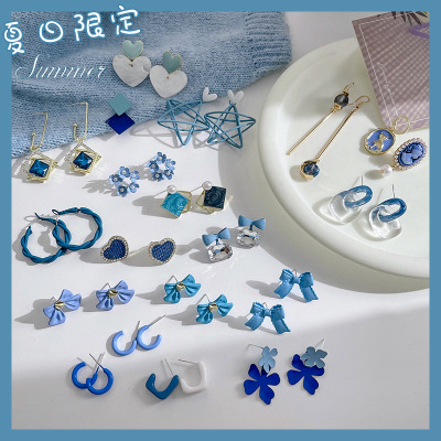 Summer Cold Style Blue All-Match Earrings for Women 2021 New Trendy Temperament Small Ear Studs Niche High-Grade Earrings