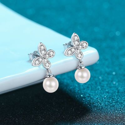 Xdy2021 Year-End New 925 Sterling Silver Butterfly Earrings 7mm Freshwater Pearl Moissanite Diamond in the Debris Stud Earrings