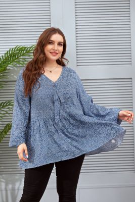 European and American Style Cross-Border Foreign Trade plus Size Women's Clothing 2022 New Product Best-Selling Loose Fashion Floral Long Sleeve Shirt