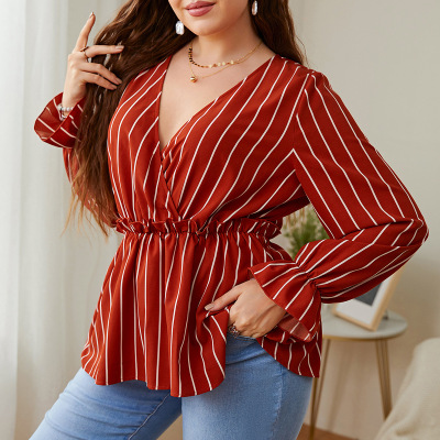 European and American Cotton Loose Striped Korean Style Stitching Lapel Fashionable Retro Temperament Commute Shirt