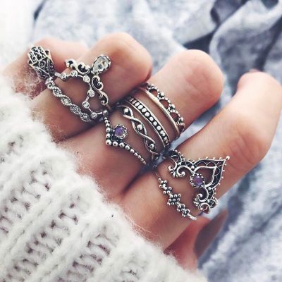 Europe and America Cross Border Purple Diamond Gem Ring Set Hollow Twist Palm Crown Knuckle Ring 10-Piece Set