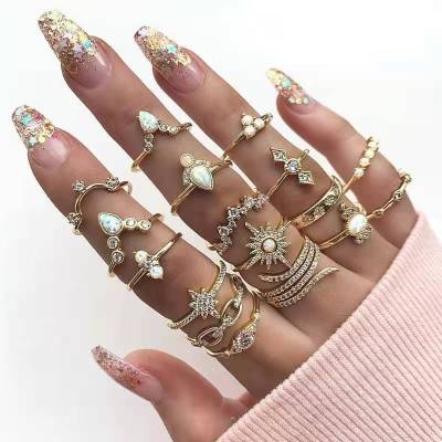 Amazon Independent Station Popular 17 Pieces Set Rings European and American Bohemian Style Diamond Set Rings Ornament