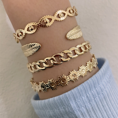 Europe and America Cross Border New Flower Chain Leaf Eye Bracelet 4-Piece Ins Style Open Gold Bracelet Set