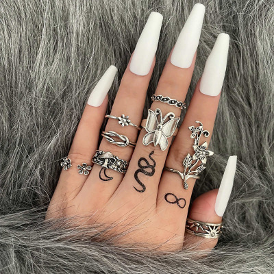 Europe and America Cross Border Women's Ring Set Mushroom Flower Knotted Butterfly Geometric Silver Knuckle Ring 8-Piece Set