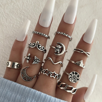 European and American Retro Ring Set Moon Change Bee Butterfly Bear HAILANG Star Crown Knuckle Ring 13-Piece Set