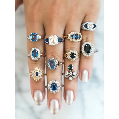 Cross-Border Hot European and American Jewelry Set Blue Crystal Geometric Irregular Two-Color Knuckle Ring Suit 11-Piece Set