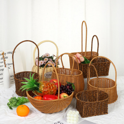 Pastoral Style Series Rattan Woven Basket Plastic Rattan Imitation Rattan Hand-Woven Flower Basket Handbag Picnic Basket