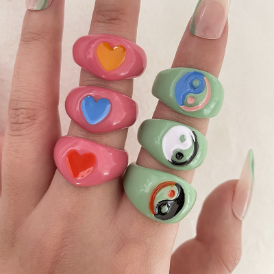 INS Europe and America Cross Border Colored Loving Heart Gossip Ring Set Y2g Sweet Cool Style Acrylic-Based Resin Ring Bracelet