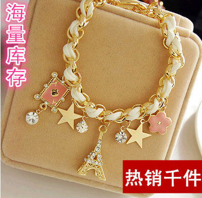 Korean Fashion Accessories Eiffel Tower Star Flower Playing Card Leather Heart Bracelet Anklet Dual-Use E053