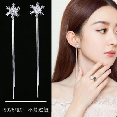 S925 Sterling Silver Needle Diamond Snowflake Earrings Women's Elegant Korean Fashion All-Match Long Fringe Earrings Earrings B449
