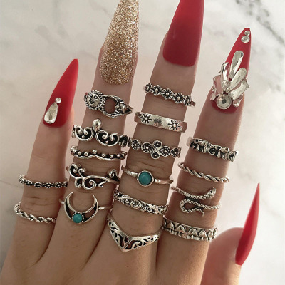 European and American Hot 17-Piece Ring Moon Turquoise Mushroom Snake Elephant Geometric Flower Cross Silver Ring Suit