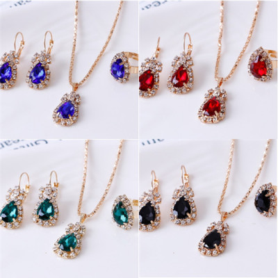 C190 European and American Personalized Water Drop Rhinestone Necklace Earrings and Ring Set Bridal Ornament Wholesale Three-Piece Set