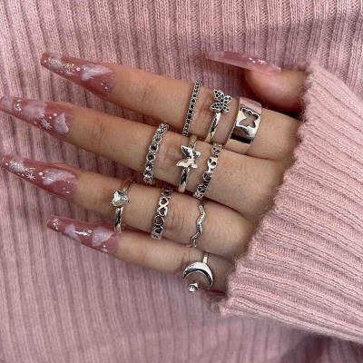 Europe and America Cross Border Ring Set Female Design New Hollow Butterfly Moon Heart Jewelry Opening Knuckle Ring