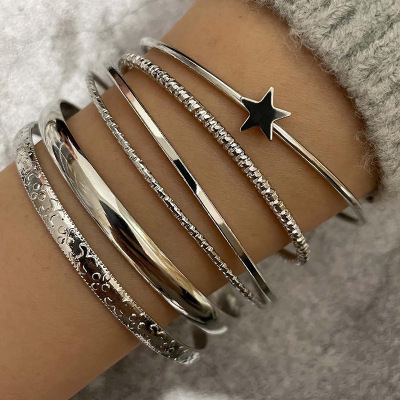 Cross-Border Hot 6-Piece Bracelet Simple Opening Frosted Ring Pentagram Geometry Bracelet Set