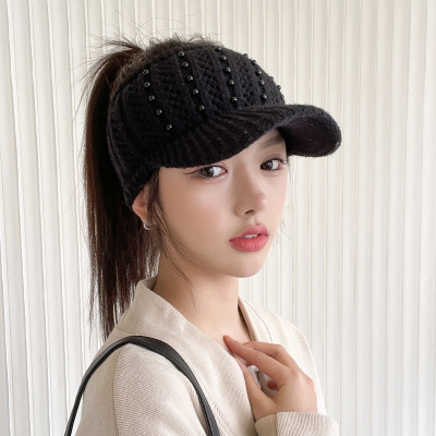 Autumn and Winter Warm Hat Girls Air Top Beads Woolen Cap Fashion All-Match Trendy Korean Style Knitted Hat One Piece Dropshipping