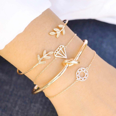 2022 New Europe and America Cross Border New Fashion Leaves Knotted Bracelet Diamond Bracelet Set Four-Piece E070