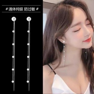 Sterling Silver Needle Korean Temperamental Long Pendant Pearl Tassel Line Ear Stud Earring Fairy Earrings Earrings B491