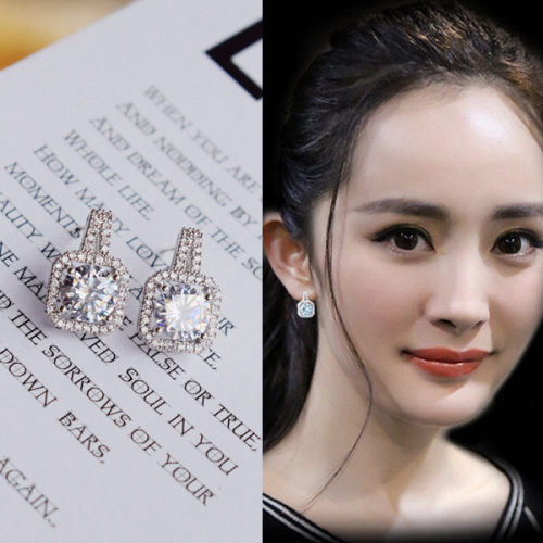 Tik Tok Live Stream Kuaishou Super Flash Net Red Korean Style Square Zircon Stud Earrings Socialite Simple Sweet Factory Direct Sales