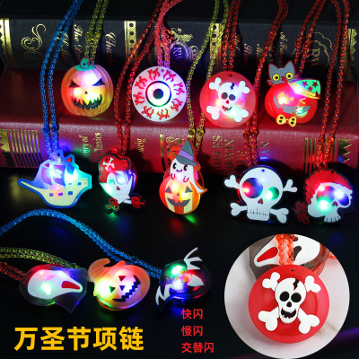 Amazon New Halloween Luminous Necklace LED Flash Pumpkin Luminous Ghost Head Pendant Cross-Border Toy Set