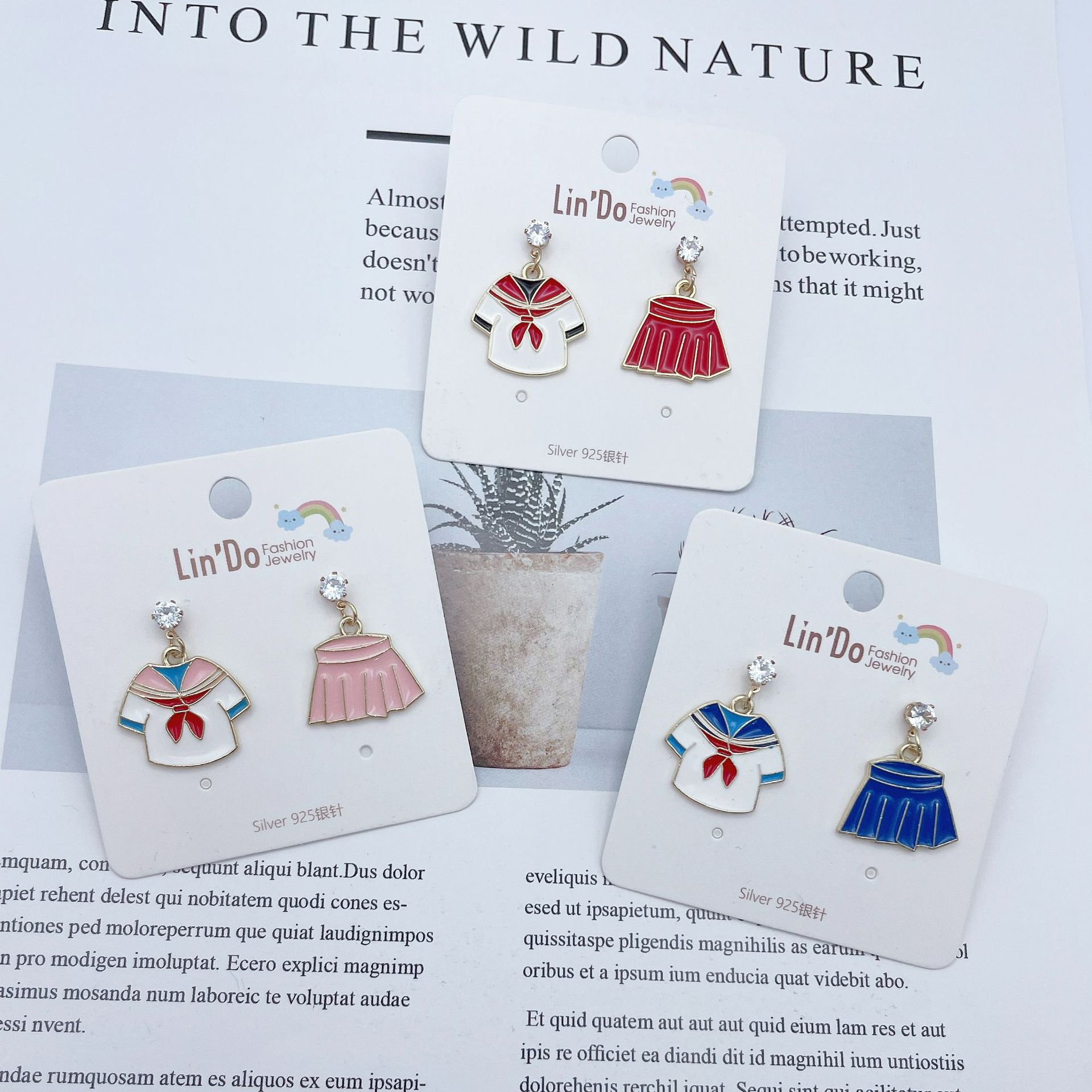 S925银针韩系带钻学生校服裙子耳钉俏皮精致耳环软妹妹少女耳饰