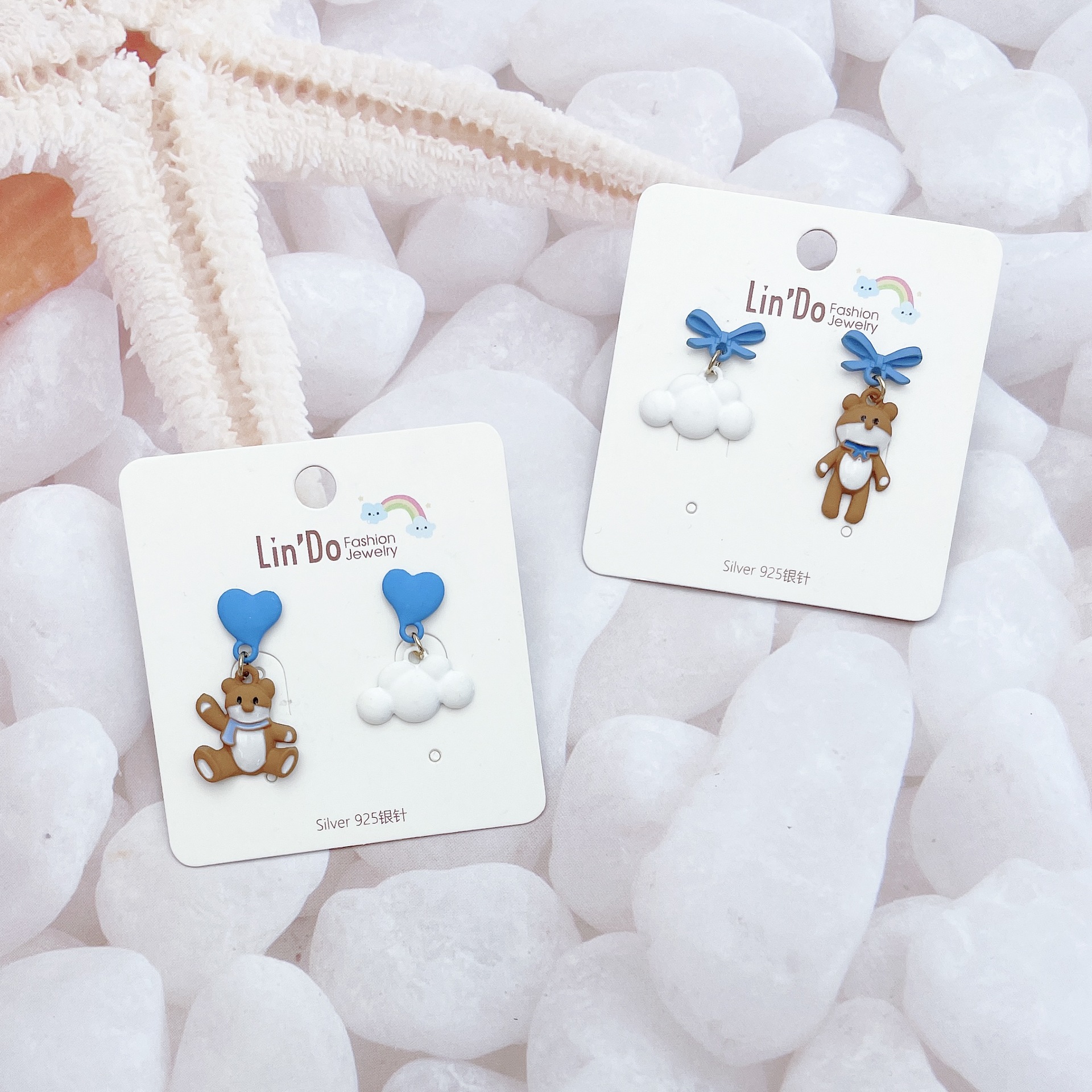 S925银针甜美可爱蝴蝶结爱心小熊云朵不对称耳环日韩少女耳钉耳饰