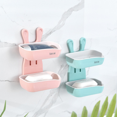 Fashion Creative Little Bunny Double-Layer Soap Box Simple and Convenient Punch-Free No Trace Stickers Home Bathroom Soap Dish Soap Box