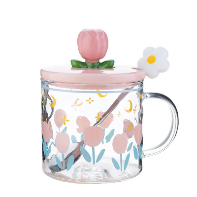 Tulip Transparent Glass Cup Girls Good-looking High Temperature Resistant Household Large Capacity Drinking Mug with Cover Spoon