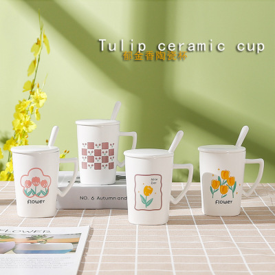 INS Cute Tulip Water Cup Girl Heart Student Gift Ceramic Cup with Cover Spoon Office Mug Household