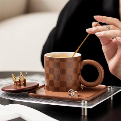 National Trendy Style Creative Chessboard Ceramic Cup Dish with Cover Spoon Big round Handle Mug Office Coffee Cup Home Drinking Cup